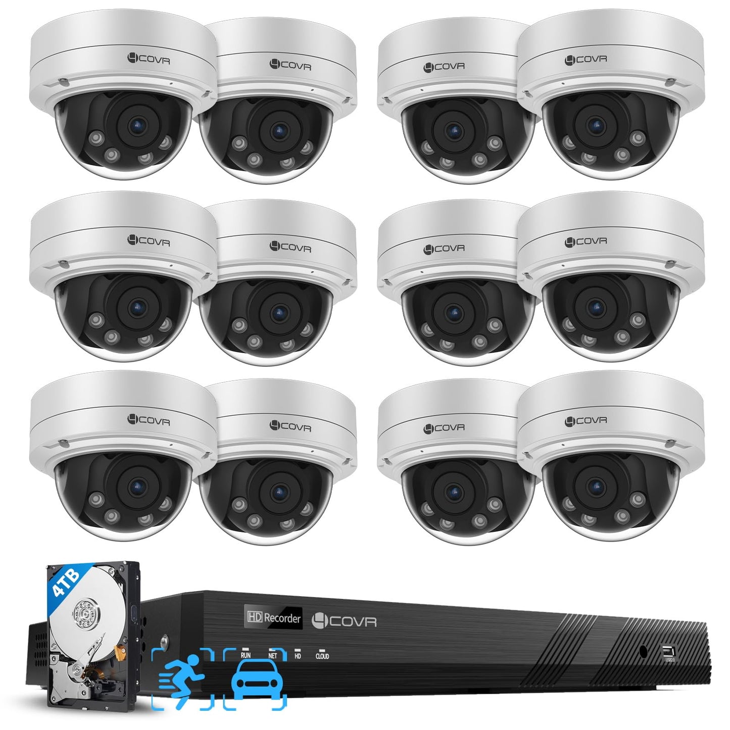 4COVR 4K 16 Channel Security Camera System PoE, 12Pcs IK10 Vandal-Proof 8MP 2.7-13.5mm Dome IP Camera AutoFocus for Business, IP67 Human/Vehicle Detection, 16CH Commercial 4K NVR 4TB HDD, LY57BA8M1612