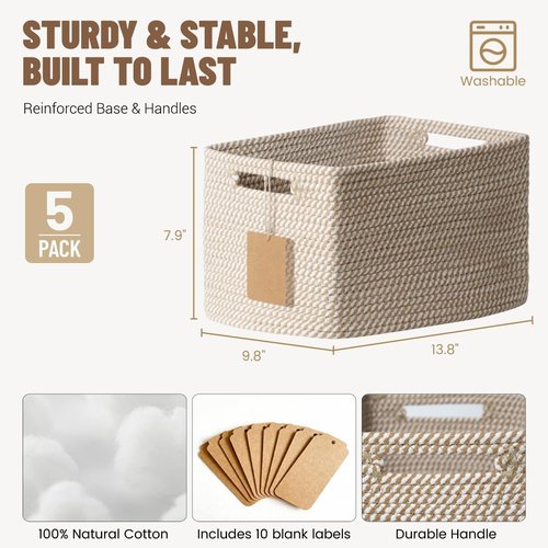 5 Pack Woven Storage Baskets - Decorative Cotton Rope Organizers for Toys, Books, Clothes | Khaki
