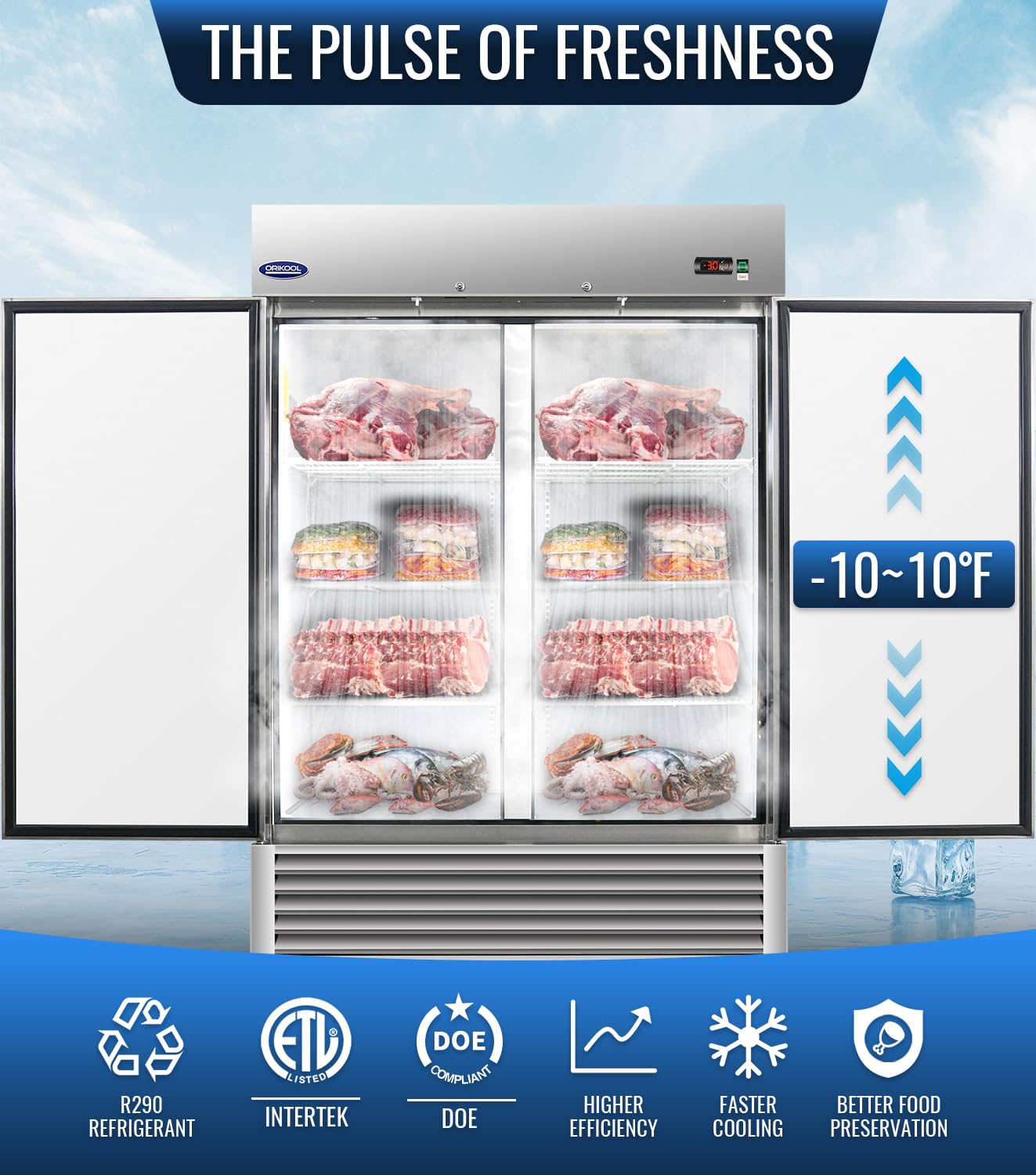 54" W Commercial Freezer, ETL Certified 49.6 Cu.ft Stainless Steel Reach-in Upright Freezer,Auto Defrost,Digital Temperature Control (-10°F to 10°F) Used to Restaurant,Bar,Shop