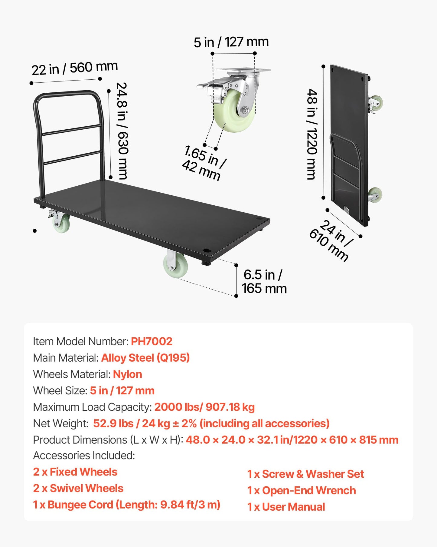 VEVOR Heavy Duty Platform Truck, 2000 LBS Industrial Steel Flatbed Cart with 360° Swivel Wheels, Platform Push Cart Dolly, Easy Storage for Warehouse/Garage/Moving/Garden (48" x 24" x 32")