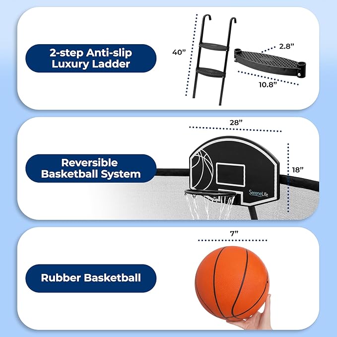 SereneLife 8FT 10FT 12FT 14FT Outdoor Trampoline for Kids - Recreational Backyard Trampoline with Curved Safety Poles, Net Enclosure, Ladder & Basketball Hoop - ASTM Approval for Kids Adults