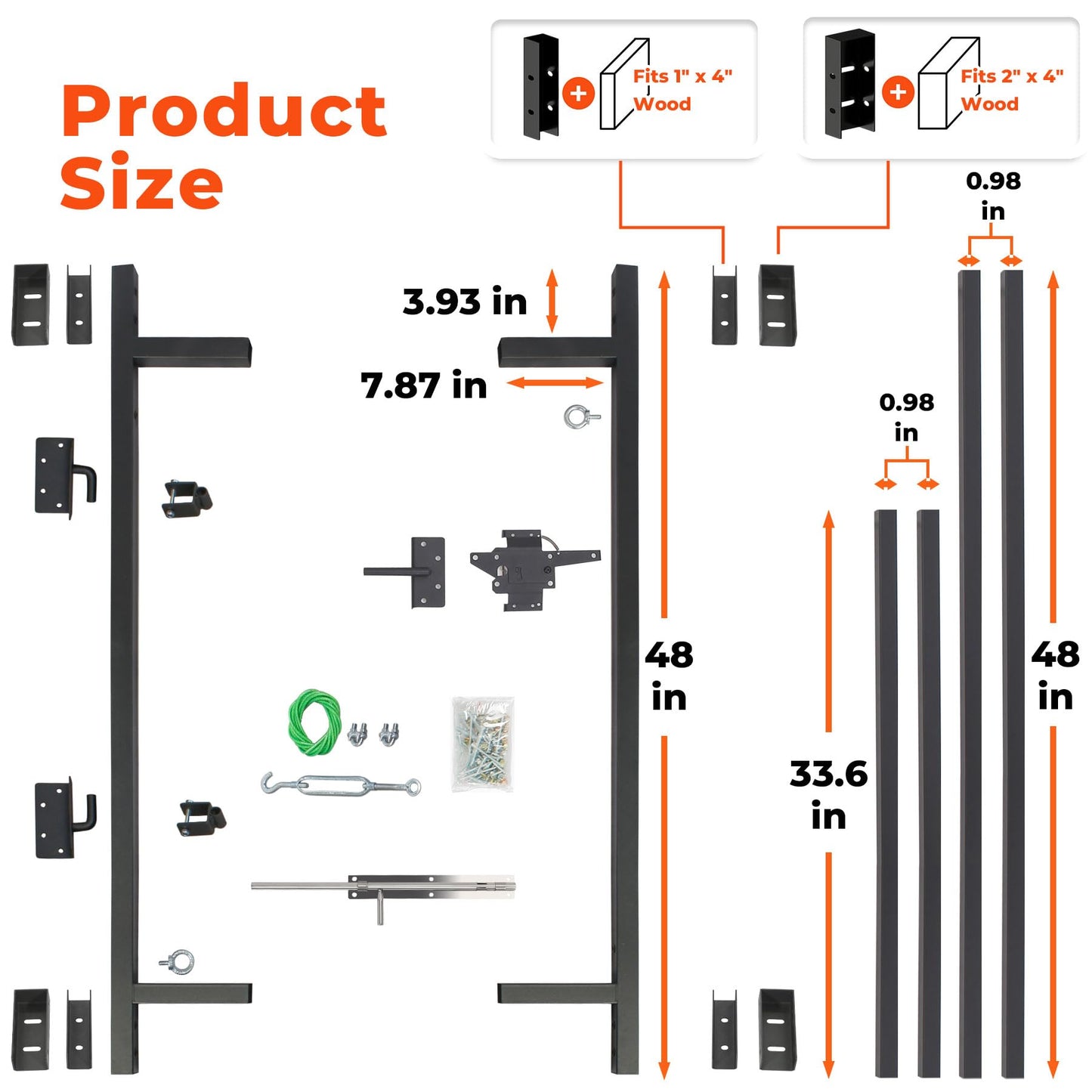 Steel Frame DIY Gate Building Kit,Fence Gate Kit Suit for 36-60" Wide Openings Up from 5 to 6 Feet High Fence, Fits 1" x 4" & 2" x 4" Wood