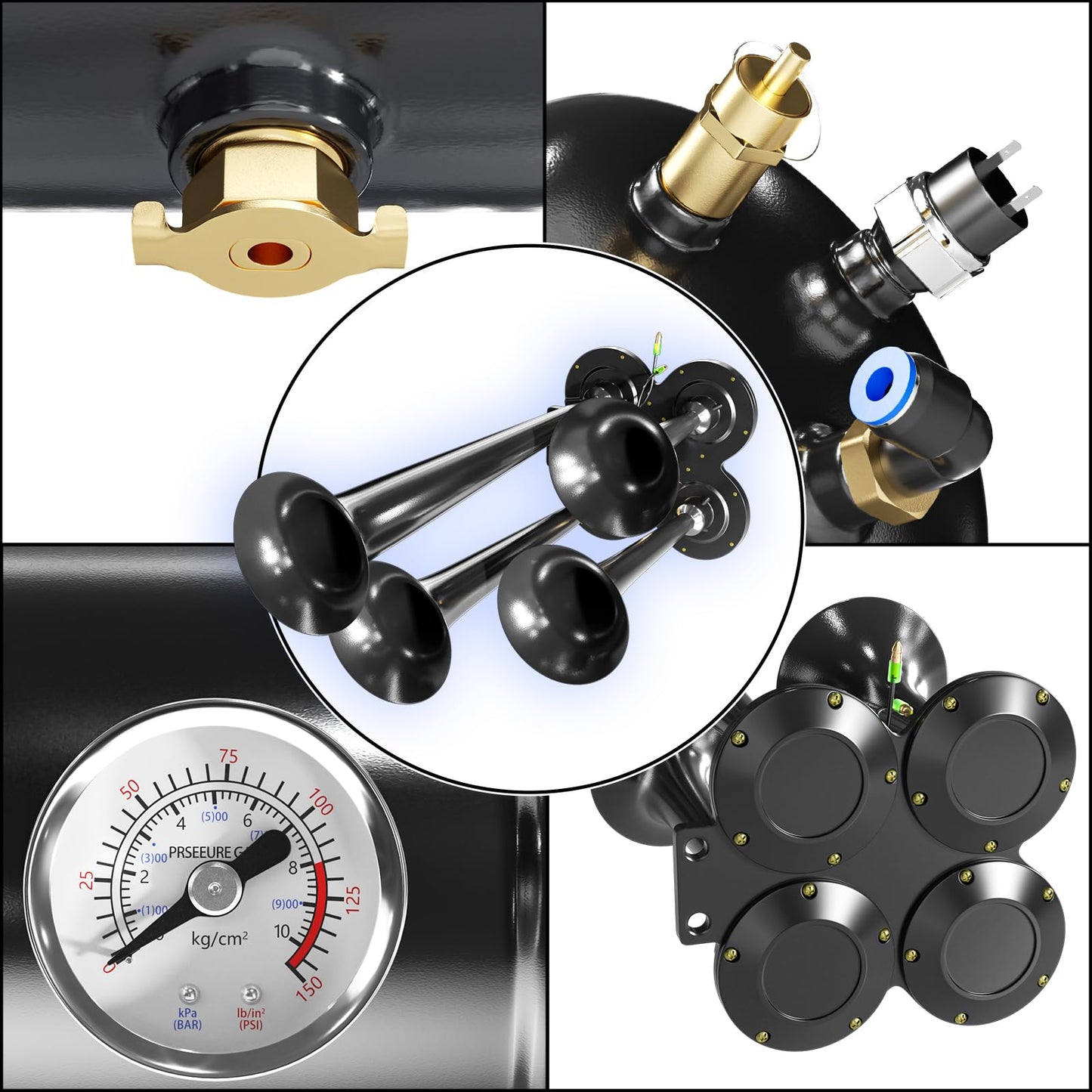 150DB Train Air Horn Kit, 4 Horn Kits for 150 PSI 12V Air Compressors, Ultra Loud Air Horn With Built-in 90-120 PSI Pressure Switch and Temperature Controller for Truck Complete Kit, Black 1.59 Gallon