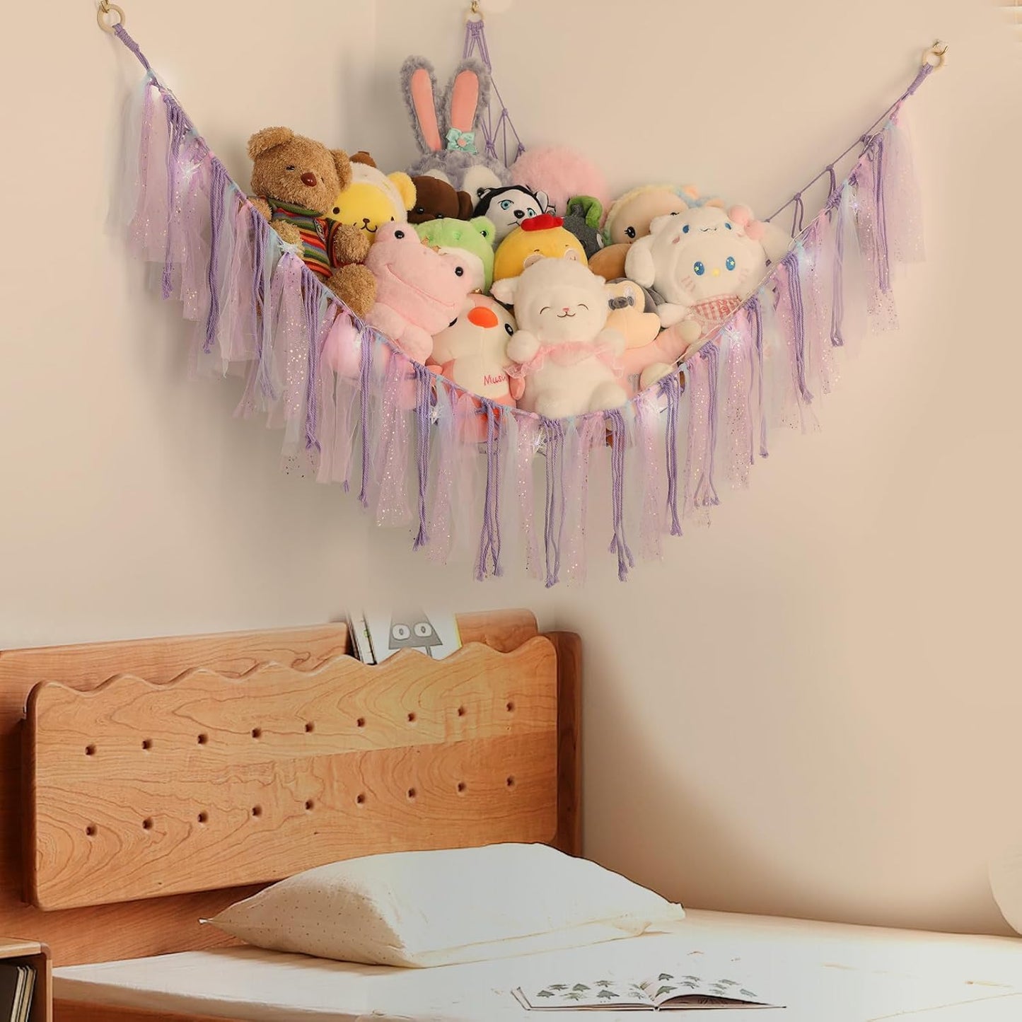 Skiennix Stuffed Animal Hammock with LED Lights - 59-Inch Plush Toy Storage Net for Kids' Rooms | Handwoven Purple Decor