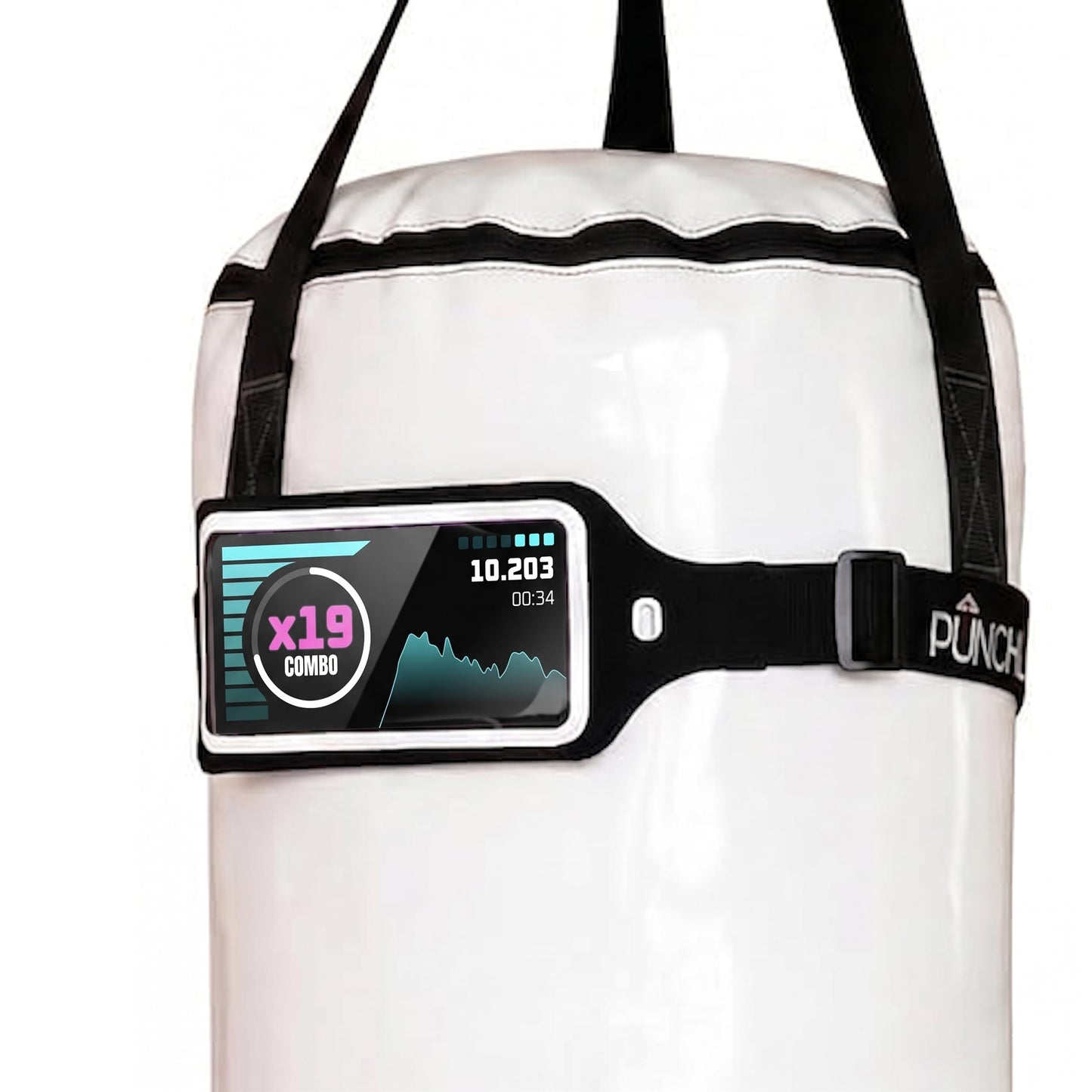 PunchLab Boxing Phone Holder for Punching Bag – Heavy Bag Strap Mount with Punch Tracker, Fits All Hanging & Freestanding Bags, Works with PunchLab App (Free App Included)