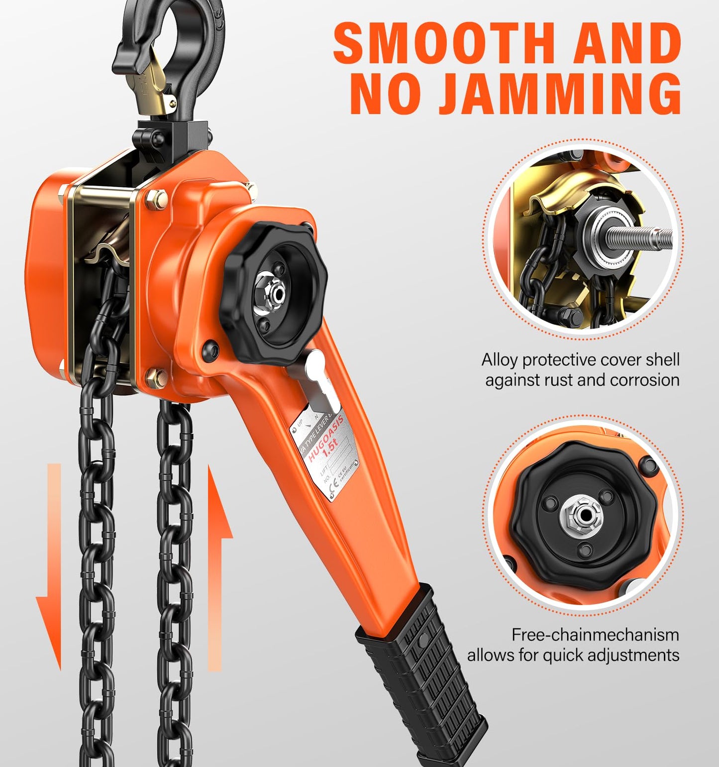 HUGOASIS Lever Chain Hoist 1-1/2 Ton 3300 Lbs Capacity 10FT Lift 2 Heavy Duty Hooks,Manganese Steel G80 Manganese Steel with Double-Pawl Brake Chain Come Along for Warehouse,Automotive,Garages,Orange