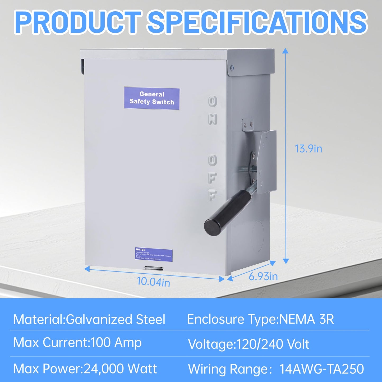 100 Amp Disconnect Switch Box, 120/240V 3 Pole Heavy Duty Safety Switch with Ground, Multi-Safety Protection Design, Non-Fusible, Galvanized Steel Enclosure, NEMA 3R Standards for Indoor and Outdoor