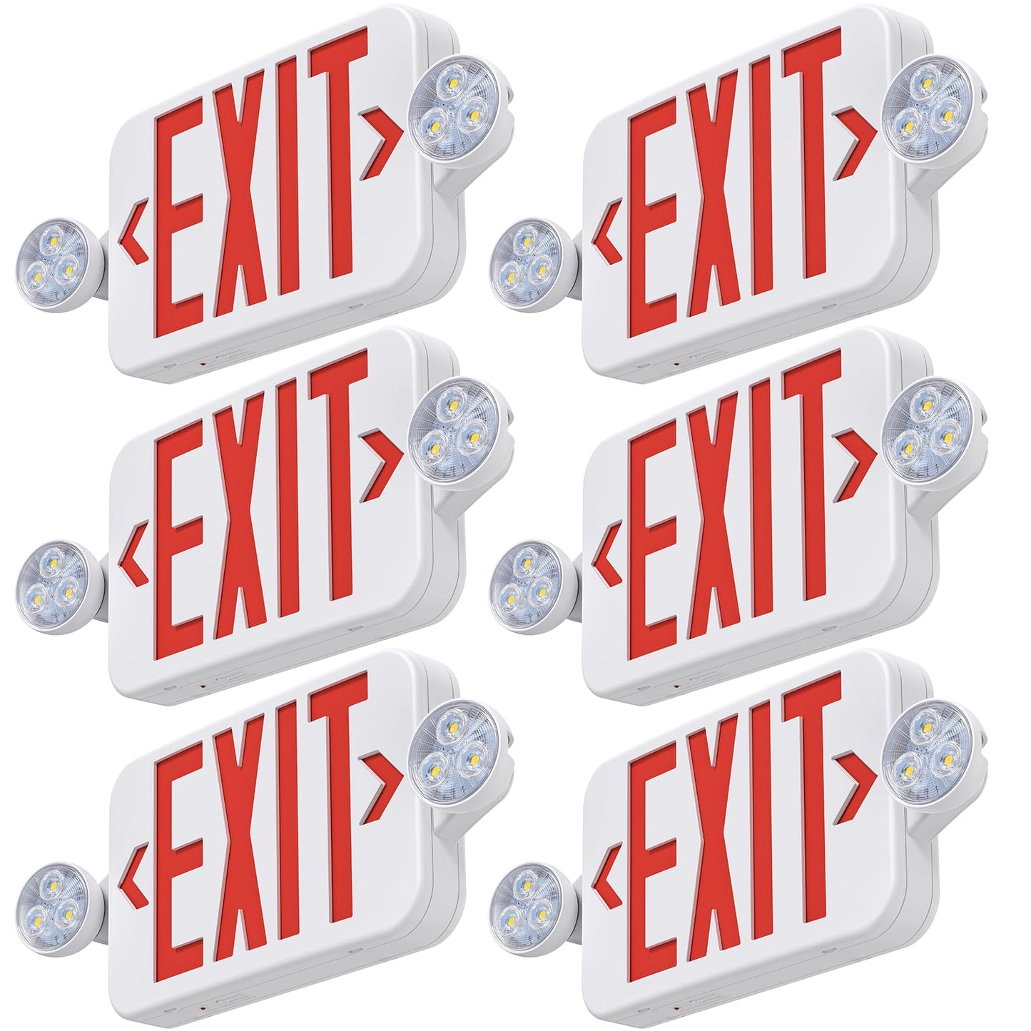 SASELUX Led Exit Sign Emergency Light Combo Adjustable Two Head,Double Sided and Battery Backup Exit Light,Red Letter Hardwired Emergency Exit Sign,AC 120/277V,UL Listed,Ceiling&Wall Mount (6 Pack)