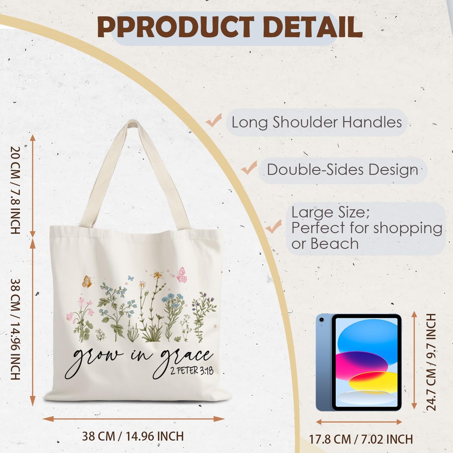 URLLUAE Boho Floral Christian Tote Bags for Women, Grow in Grace Bible Verses Canvas Tote Bag, Christian Gifts for Women, Faith Based Gifts, Reusable Shopping Grocery Bags