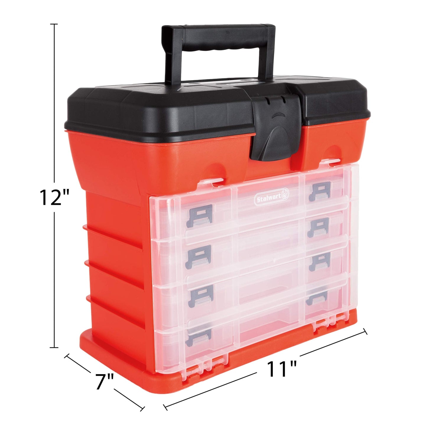 Small Parts Organizer Box - 11-Inch Portable Storage Case with 4 Removable Multi-Compartment Trays for Screws, Beads, Small Fishing Tackle, Hardware, and Craft Supplies by Stalwart (Red)