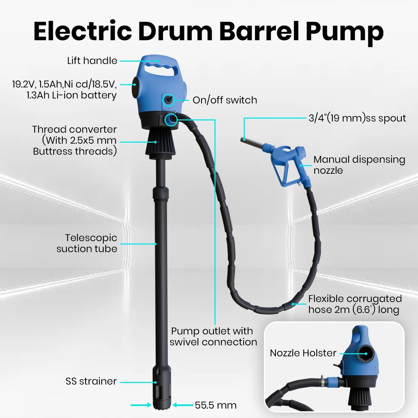 Electric Drum Barrel Pump with 120V AC/12V DC Power,55 Gallon Drum Pump with Built-in 2-Inch Bung Adapter, 5 Gallons Per Minute Flow Rate, for DEF, Diesel, Water, Antifreeze