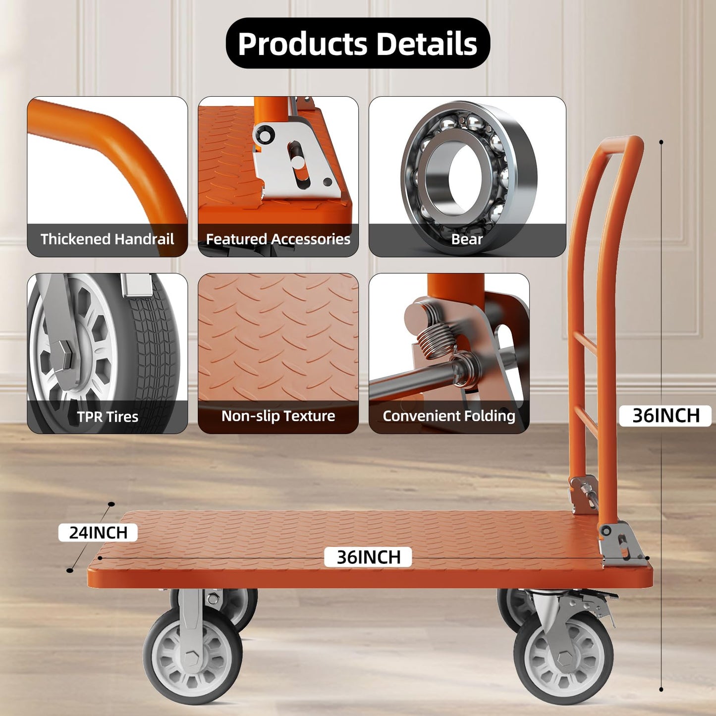 Heavy Duty Platform Truck Cart, Flatbed Cart Folding Hand Trucks, 2200lbs, with 6" Swivel Brake Casters, Foldable for Easy Storage (36" x 24")