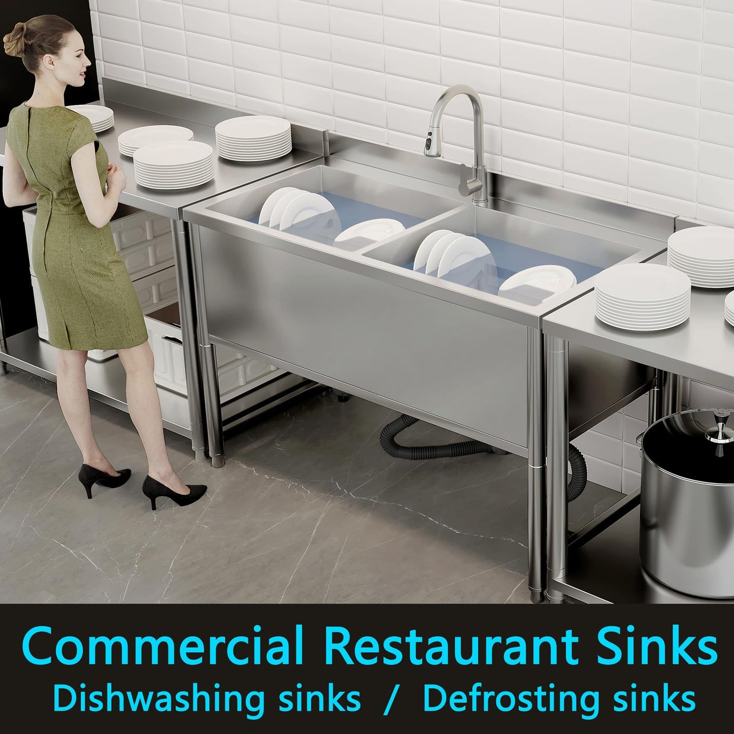 47" Stainless Steel Commercial Sink 2 Bowl Freestanding Kitchen Sink with Pull-out Faucet, Large Utility Sink for Kitchen, Dishwashing, Thawing, Laundry Room, Garage, Outdoor, Total Capacity 50 Gallon