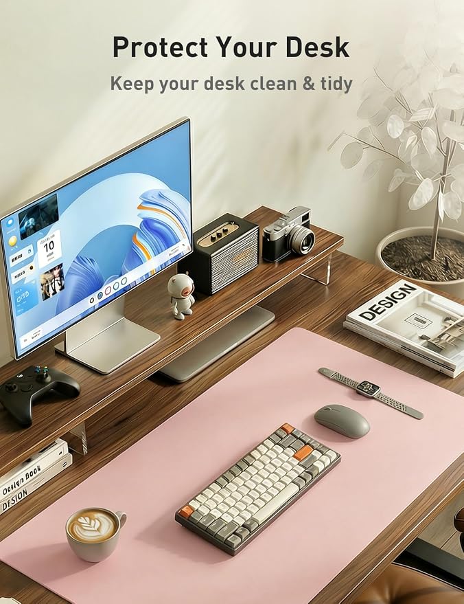 Aothia Faux Leather Desk Mat - Non-Slip PU Leather Desk Blotter, Waterproof Writing Surface, Large Desk Pad for Office & Home (Fairy Pink, 55" x 17")