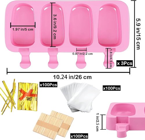 BZIDII Silicone Popsicle Molds Set - 3 Large Oval Ice Cream Bar Molds with 100 Sticks & Bags | Pink