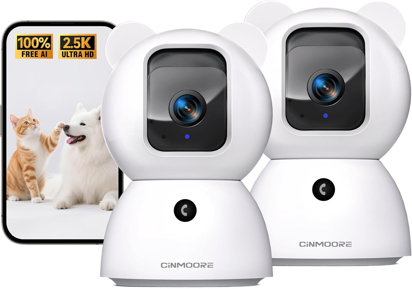 CINMOORE 2.5K 2pack, 4MP 2.4GHz 2-Way Indoor Camera Non-Subscription AI Person/Pet/Cry Detection, Pet/Dog/Cat/Baby