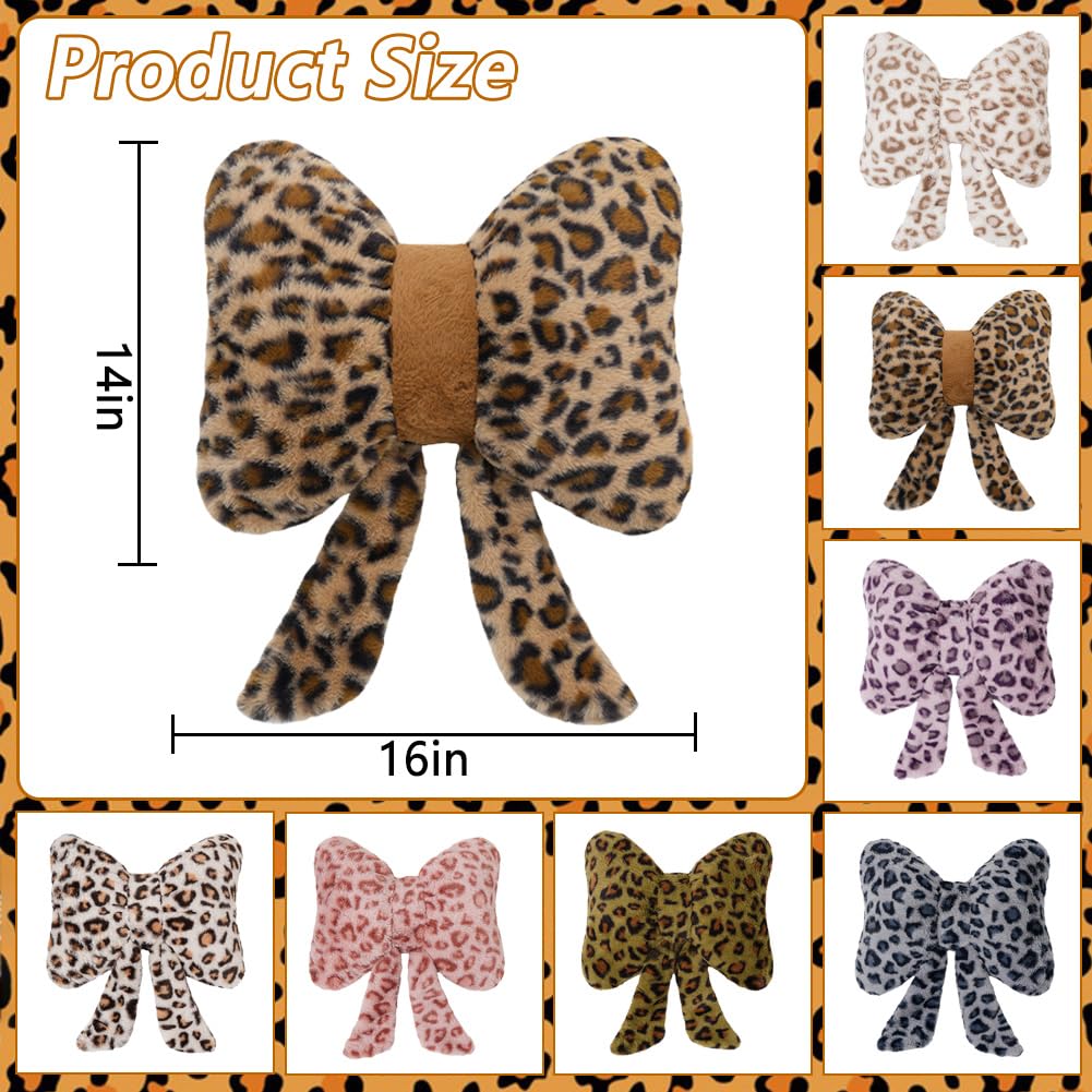 GKWW 2Pcs Leopard Print Bow Throw Pillow Furry Bow Plush Pillows Cute Flower Plush Pillow Cheetah Home Decor Stuffed Bow Lumbar Pillow for Bed Couch Living Room Decor (Brown, 16in Bowknot)