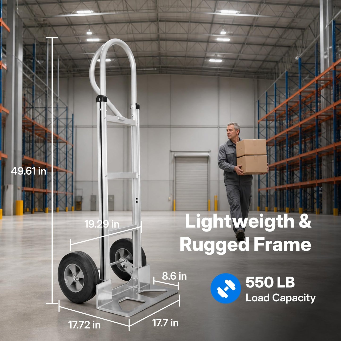 550 lbs Heavy Duty Aluminum Ergonomic Loop Handle, 10" Solid Rubber Wheels, Beveled Nose Plate, Ideal for Transporting Heavy Items, Portable and Durable Aluminum Frame (Curved Handle,550lb)