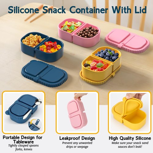 ICEROYCE 6 Pack Reusable Silicone Snack Containers with Lids, 2 Compartment Leakproof Food Storage Containers, BPA-Free Portable Snack Boxes for Lunch, School, Adults
