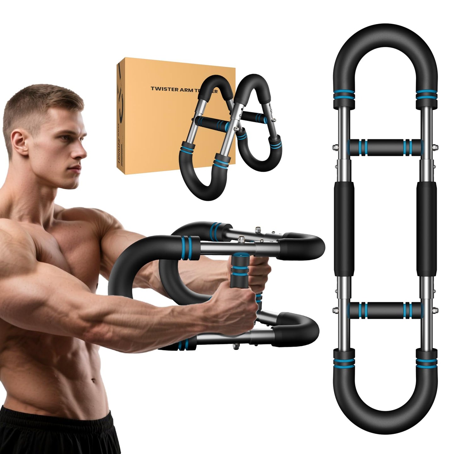 Upgraded Twister Arm Trainer, Adjustable Chest Workout Equipment, Portable Arm Exerciser for Upper Body Strength Training, Detachable Power Twister Bar for Home Gym Fitness (Blue 30-90 lbs)