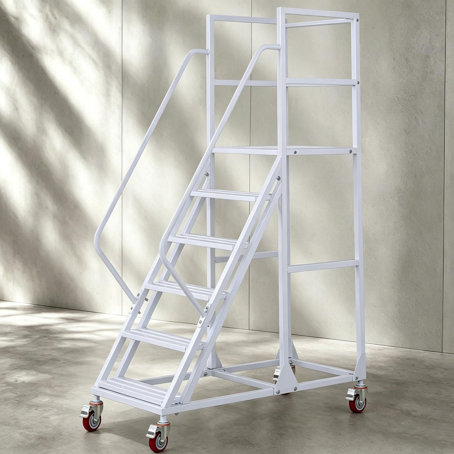 6-Step Rolling Warehouse Step Ladder, Lockable Wheels, Non-Slip Wide Steps, Dual Handrails, Movable Platform Ladder, Rolling Stairs for Warehouse, Supermarket, Library (White, 6 Steps)