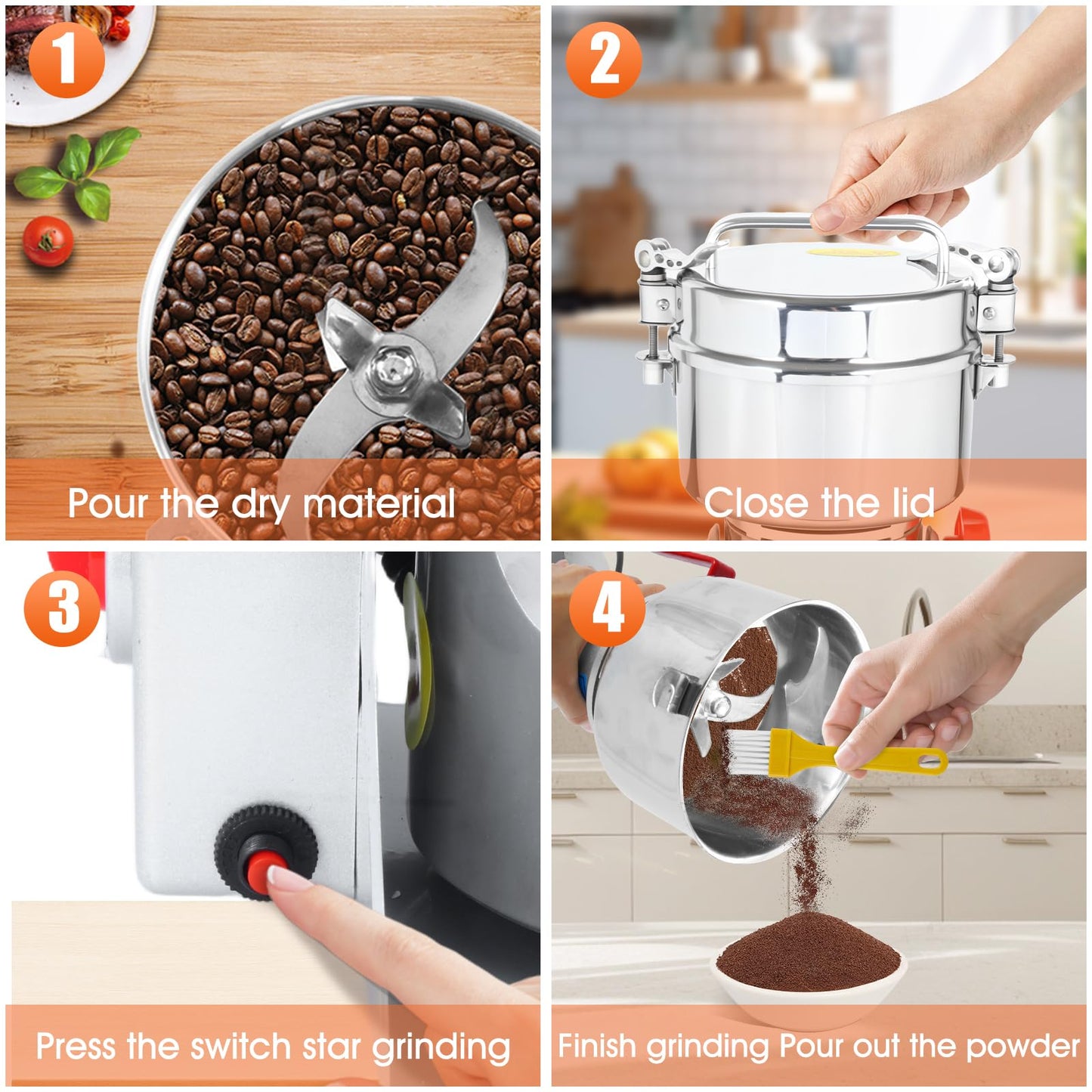 1000g Commercial Grain Grinder - 3000W Heavy-Duty Electric Mill for Coffee, Spices, Nuts & Grains | 32000 RPM | Industrial Stainless Steel | 5 Blades System | for Home & Restaurant Use