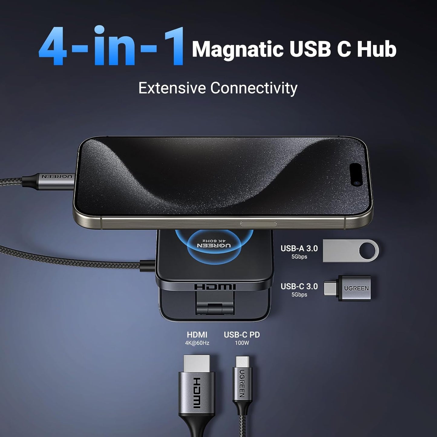 UGREEN 4-in-1 4K@60Hz, 100W 17/16/15 S25 USB C Hub, Magnetic Adapter PD Charging, USB-A and USB-C Data Ports, Foldable