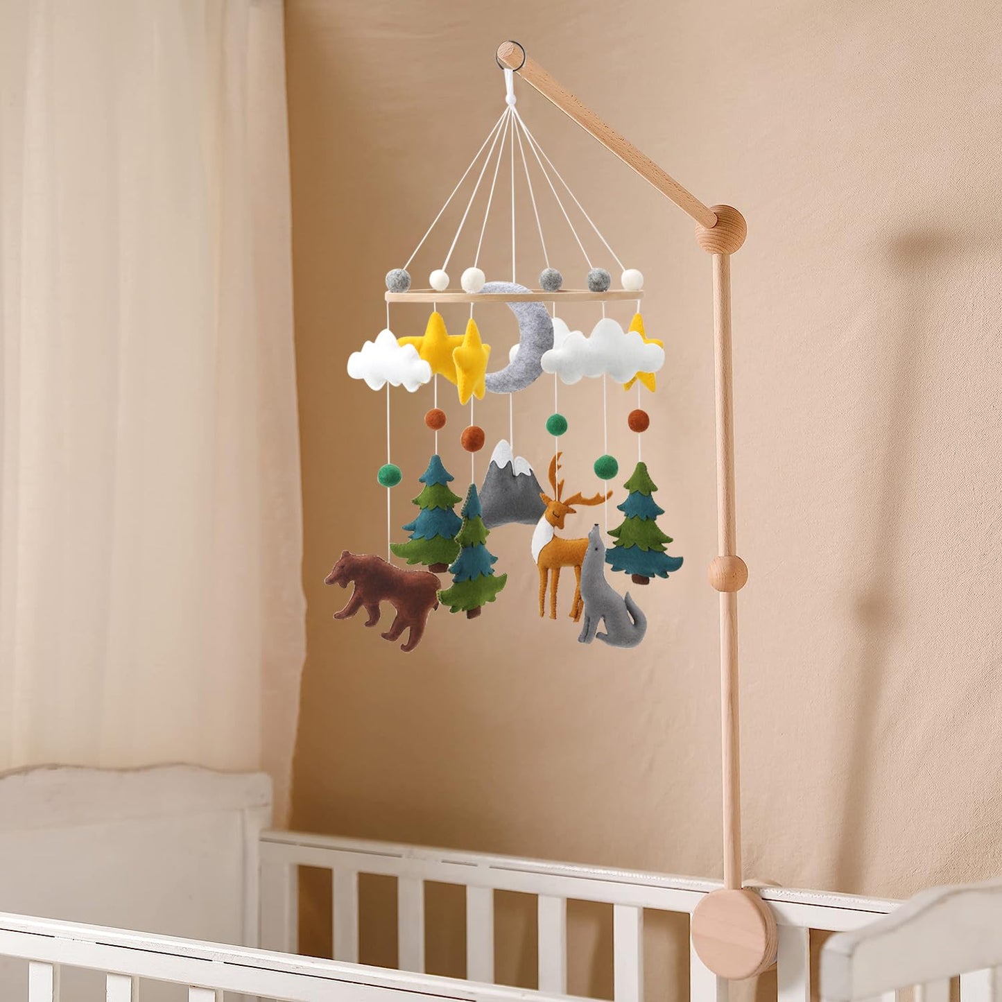 Flora & Ivy Woodland Mobile for Crib - A Gender Neutral Woodland Crib Mobile with Stars Trees Clouds and Animals for a Forest or Hunting Theme, Green sage