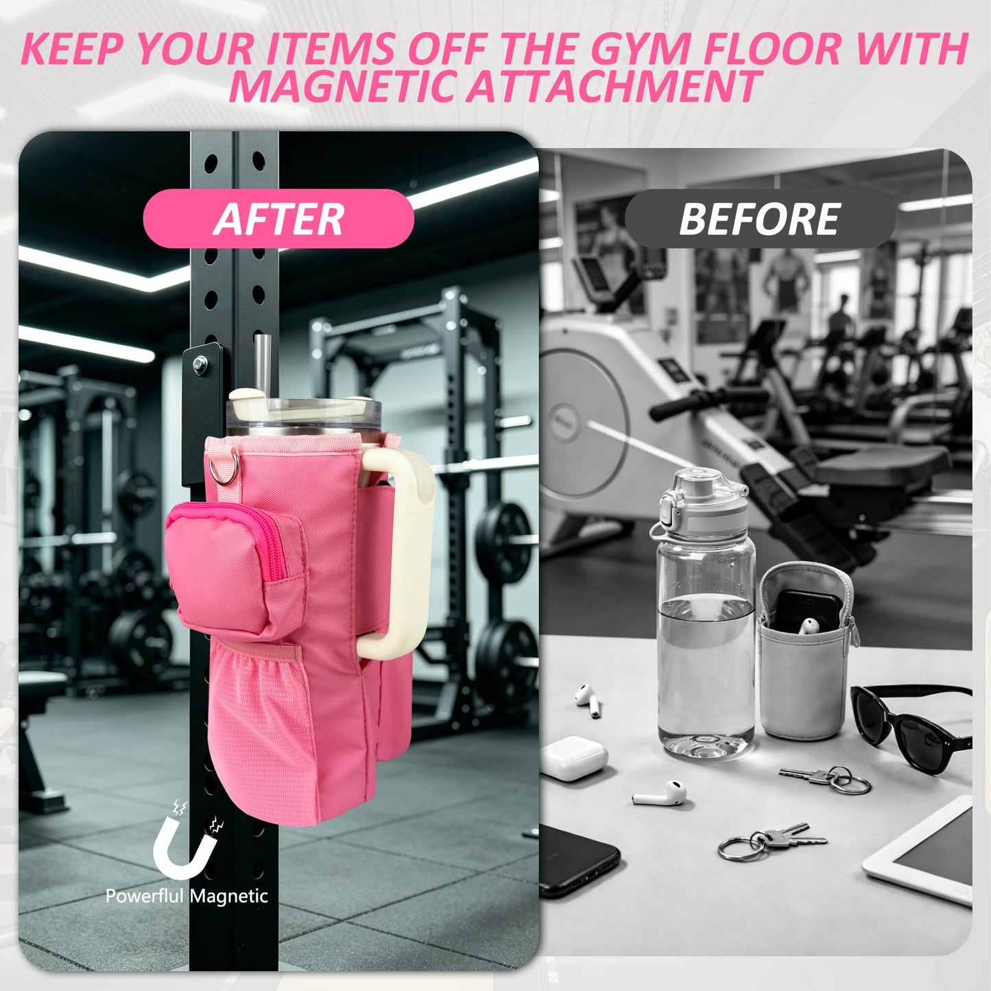 Magnetic Gym Bag, Magnetic Water Bottle Holder for Stanley, Gym accessories, Gym Gifts for Women and Men (PNK, 40 OZ)
