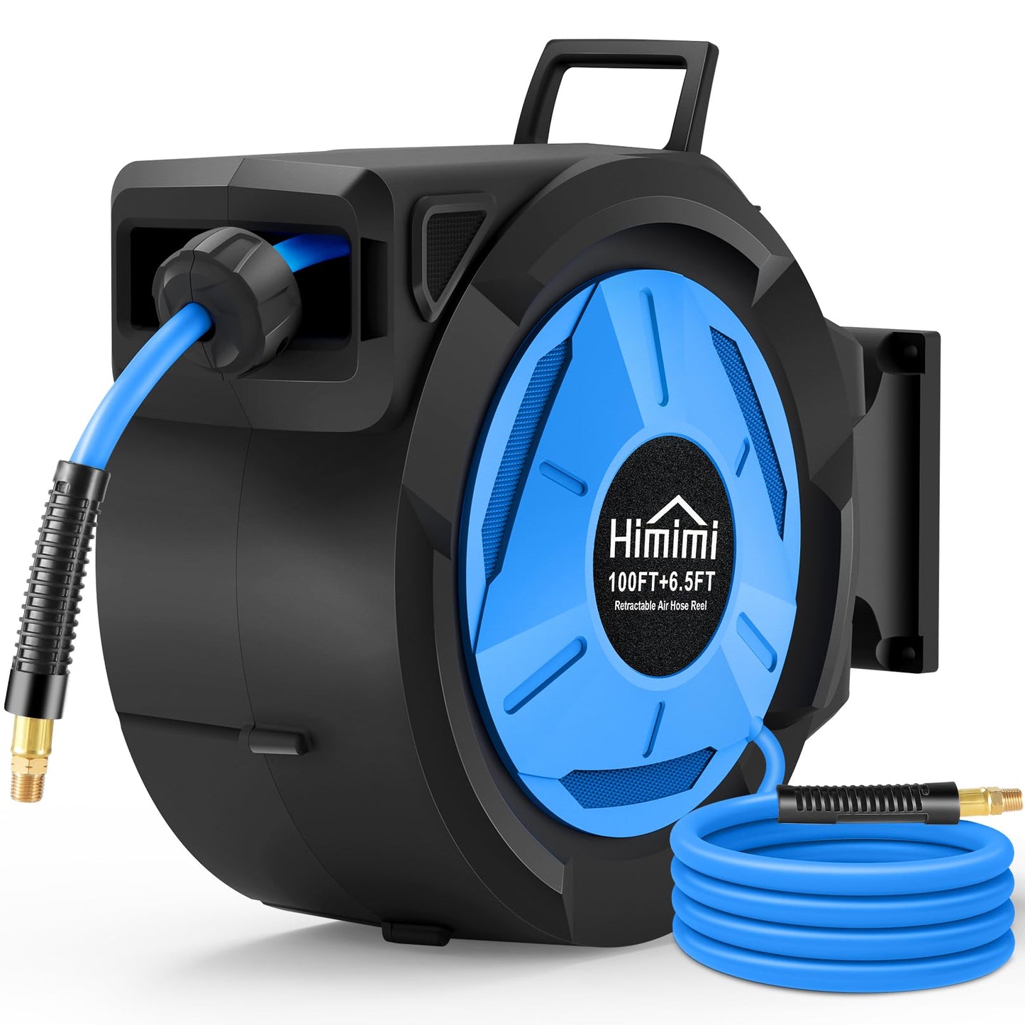Retractable Air Hose Reel, 3/8" x 100 Ft Hybrid Hose Air Compressor Hose Reel with 6.5 Ft Lead-in Max 300 PSI, Air Hose with Any Length Lock, Automatic Rewind, 180° Swivel Bracket, Quick Coupler