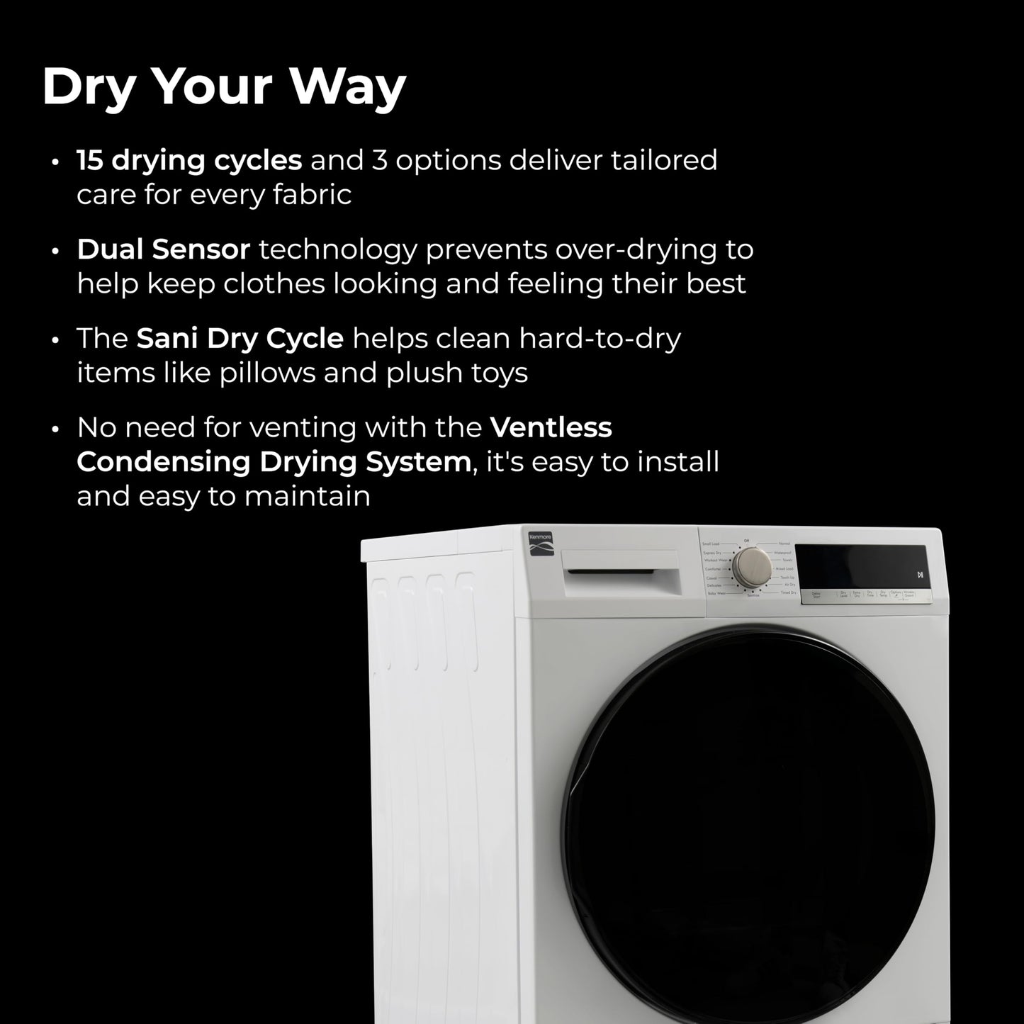 Kenmore 4.0 cu. ft. Ventless Compact Front Load Electric Dryer - with Guard to Reduce Wrinkles & Static - Smart Sensor Drying - LED - ENERGY STAR Certified - White