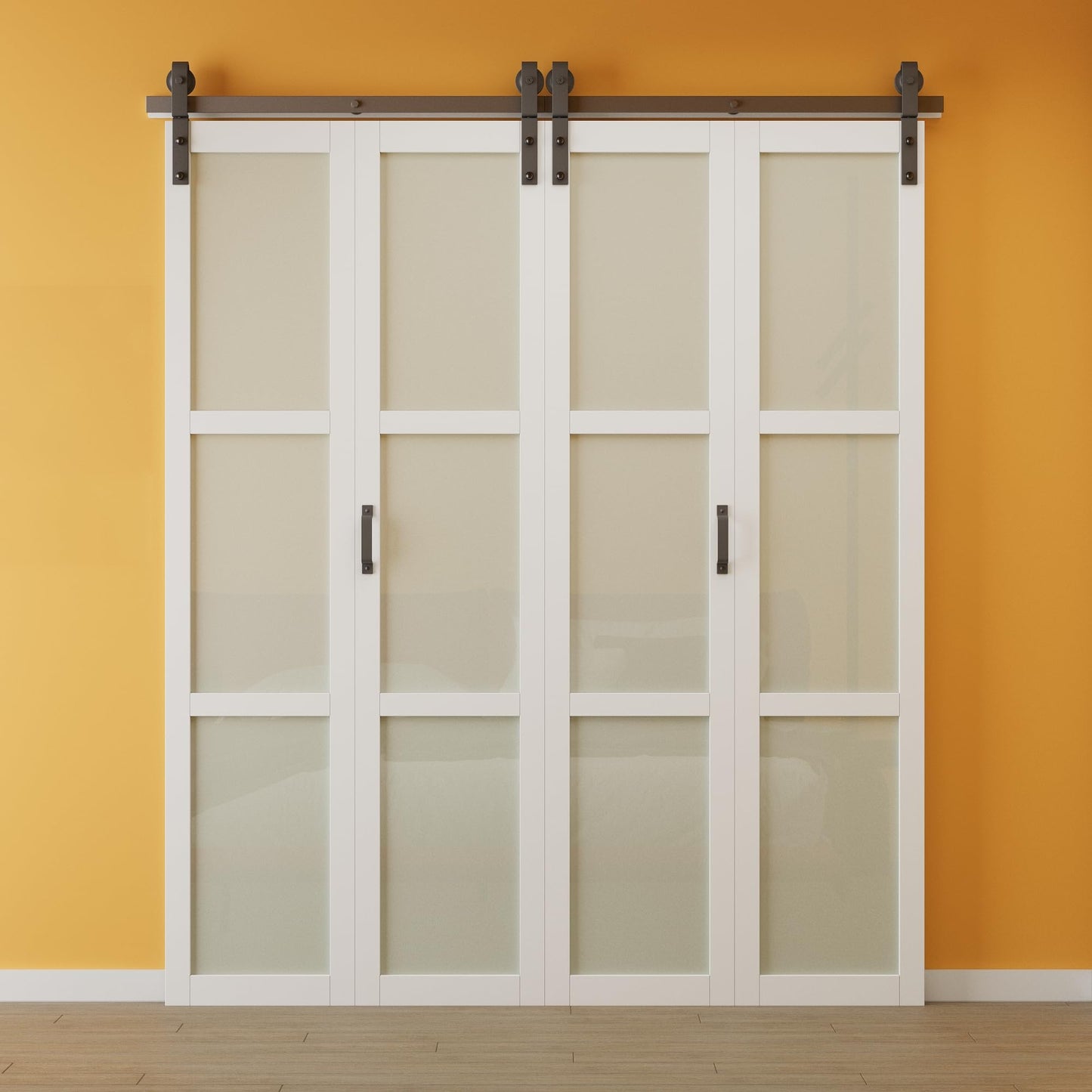 Paintable Bifold Barn Doors, 50" x 84" Preassembled MDF Panels Bi Fold Barn Door with Sliding Hardware Kit Included, 3 Lite Tempered Frosted Glass Sliding Closet Doors for Pantry Laundry