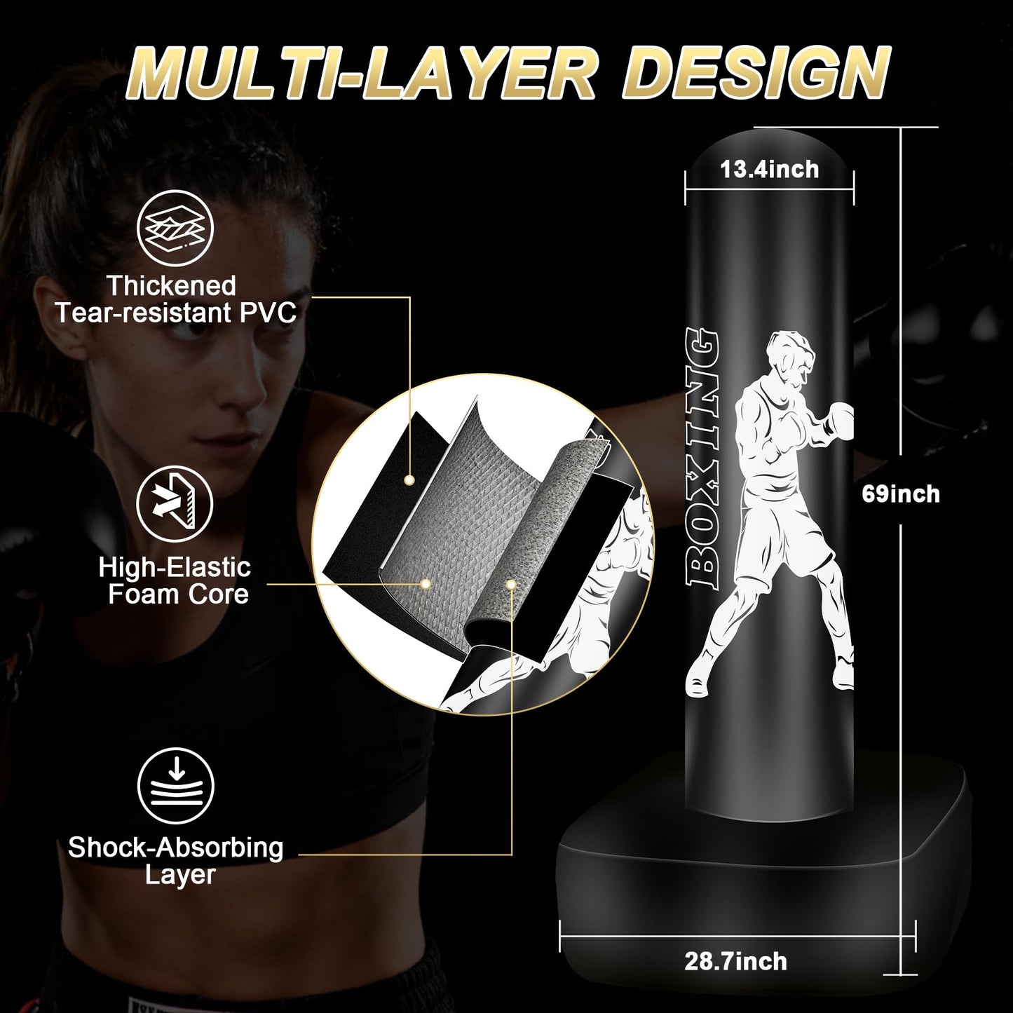 Vobab Freestanding Punching Bag with Stand for Adults Teens, Heavy Boxing Bag, 70" Boxing Equipment Bag Kickboxing Bag, Women Men Heavy Bag for Beginners Muay Thai MMA Training Fitness