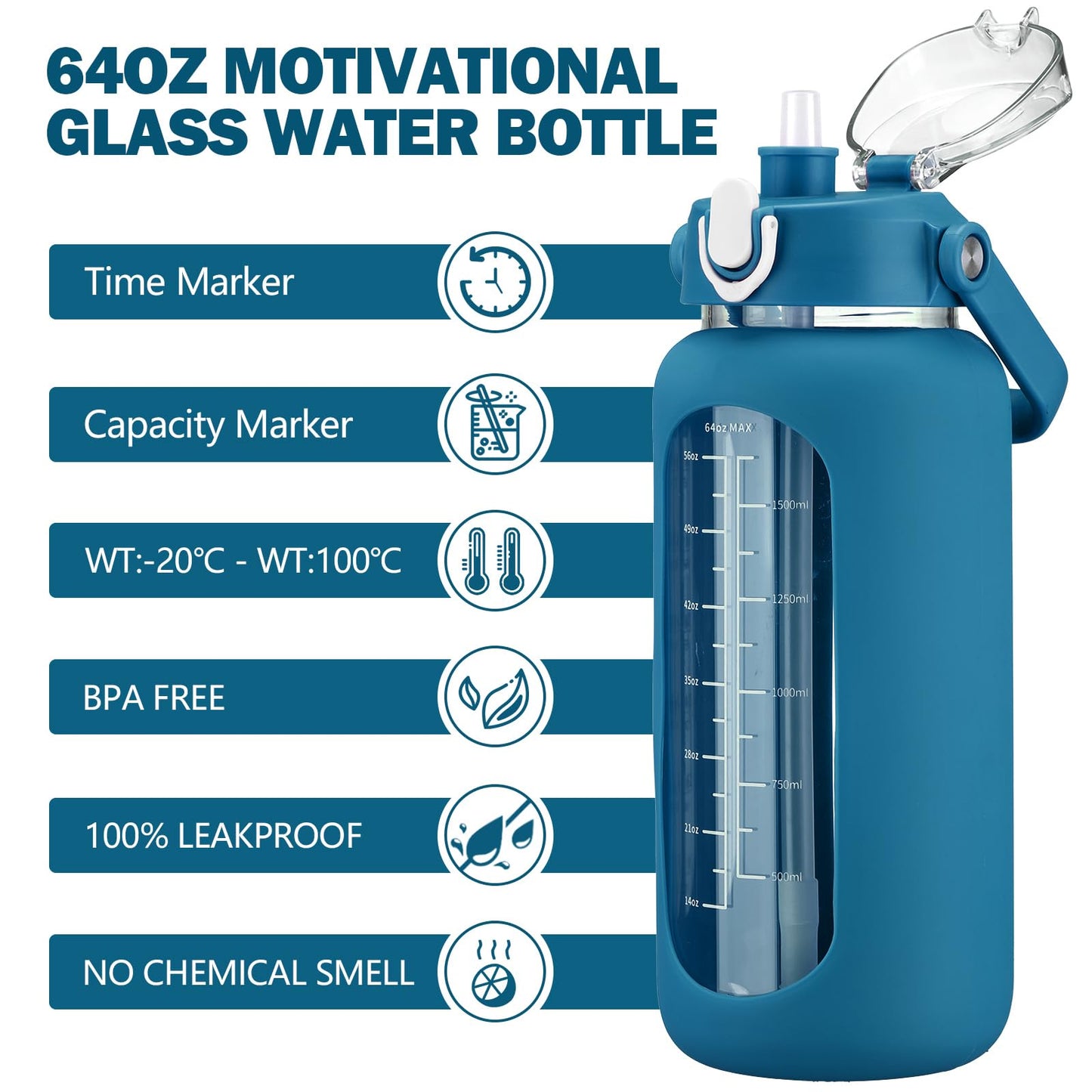 kytffu 64oz Glass Water Bottles with Straw, Half Gallon Motivational Glass Bottle with Silicone Sleeve and Time Marker, 2L Leakproof Large Glass Water Jug for Gym Home Office,Iron Blue
