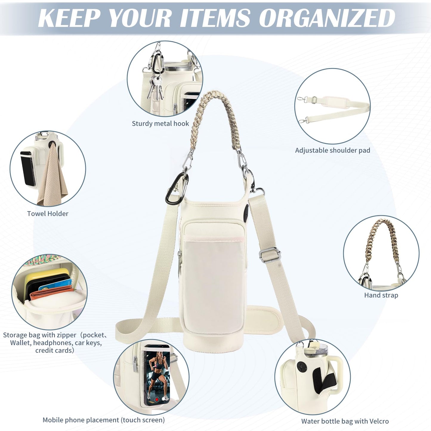 Magnetic Gym Bag for Men Women, Water Bottle Carrier Holder with Strap for Stanley, Small Bag Accessories pouch with N52 (White)