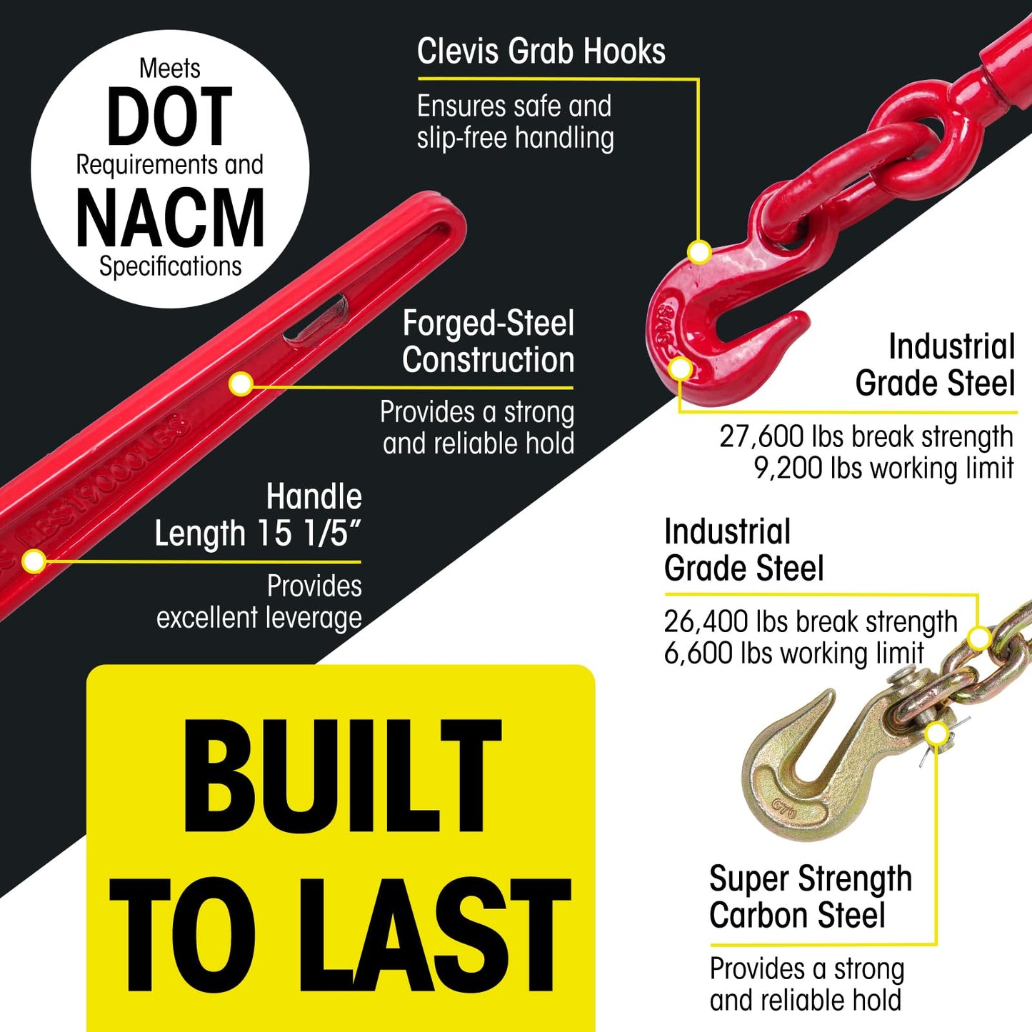 Elevango 3/8-1/2in Chain & Binder Kit, 8818lbs Strength, G80 Chains for Truck, Tie Down, Hauling, Towing