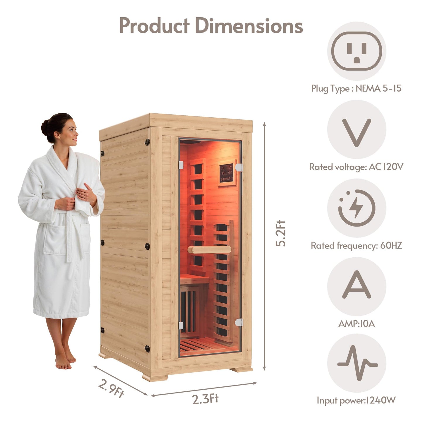 ENSTVER Infrared Wood Sauna 5.4Ft 1 Person, Luxury Full Spectrum Far Infrared Sauna Features Low EMF 1240w 7-Light Dynamic & Music Speakers, Canadian Hemlock Dry Indoor Saunas for Home & Gym