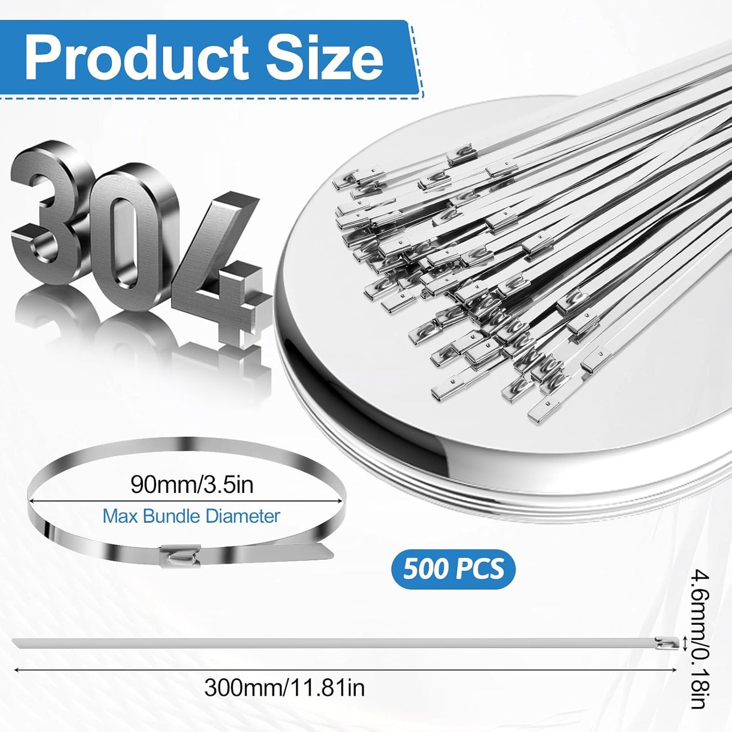 FdcZeyxior 500 11.8 Inch 304 220 Pcs Metal Zip Ties Heavy Duty Stainless Steel Zip Ties Self Locking Pound Tensile