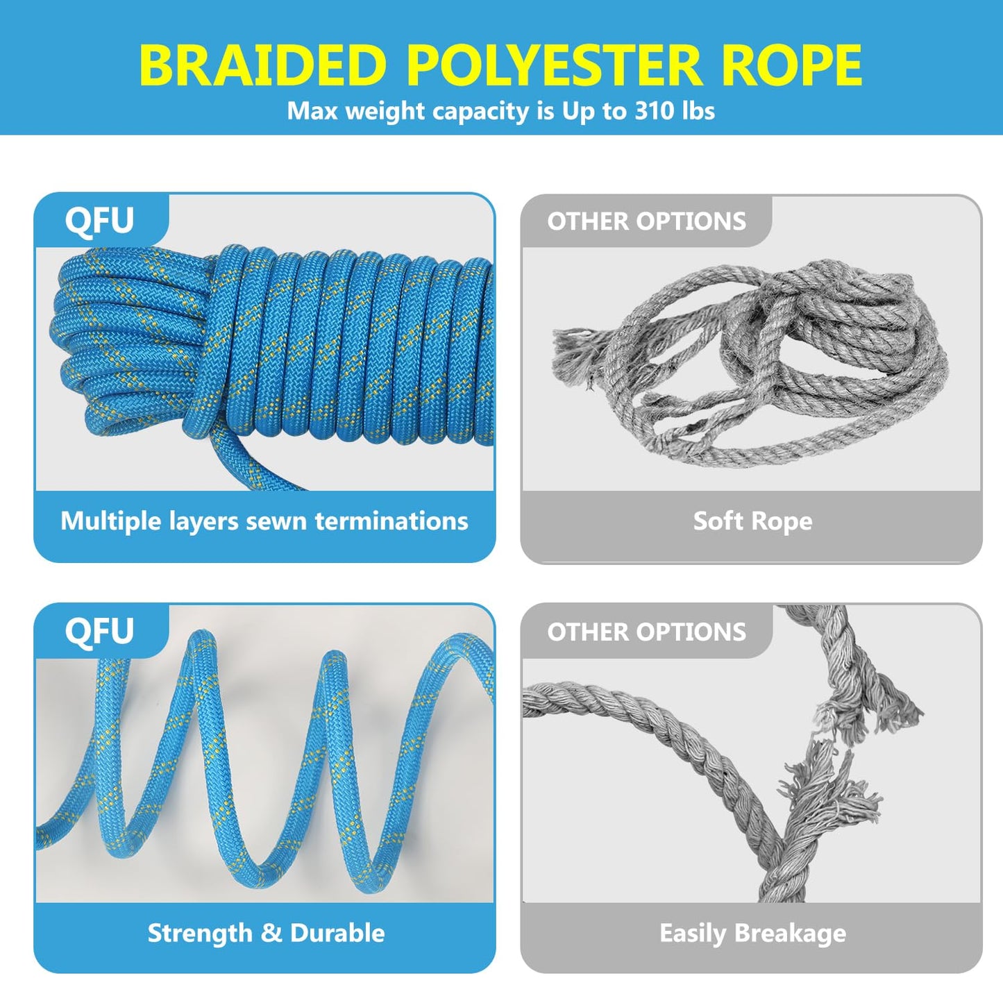 QFU 25 50 100FT Fall Protection Safety Rope - Heavy Duty Vertical Roof and Tree Climbing Rope, equipped with alloy steel clips, shock-absorbing rope, safety harness, ANSI certified