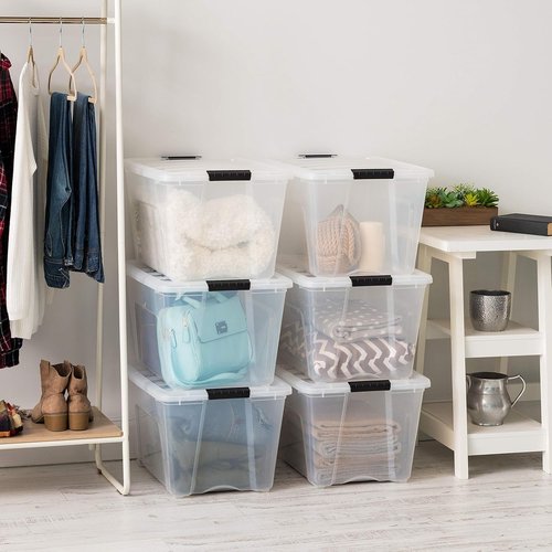 IRIS USA Stackable Plastic Storage Bins - 54 Qt, BPA-Free, Durable Nestable Containers, 6 Pack - Clear