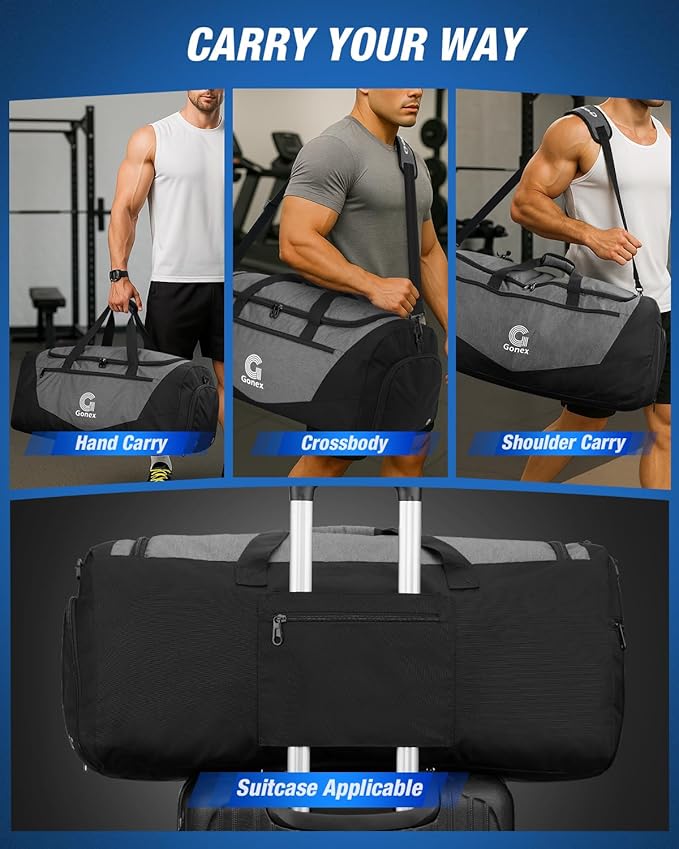 Gonex Gym Duffel Bag with Shoe Compartment Wet Pocket, Large Capacity Sports Duffle Bag for Men Women, Workout & Travel Bag with Multiple Pockets, Black/Gray, Medium (60L)