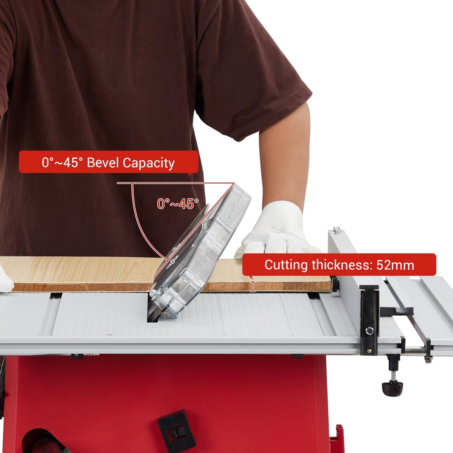 GarveeTech Table Saw, 10 in 15A Multifunctional Saw With Stand & Push Stick, 90° Cross Cut & 0-45° Bevel Cut, 5000RPM, Adjustable Blade Height for Woodworking, Red