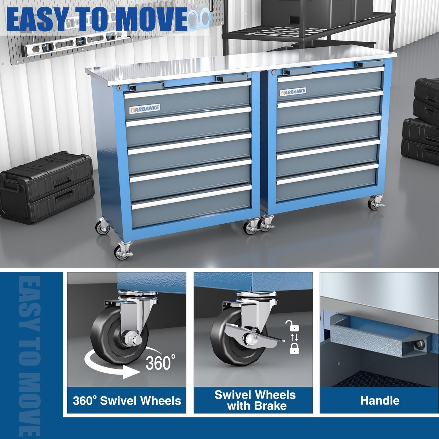 LARBANKE 5-Drawer Rolling Tool Chest with Stainless CounterTop,Tool Chest with Keyed Locking System, with Wheels and Foot Pads,Rolling Tool Cabinet with Drawer Liners,Unique Link Buckle for Connecting