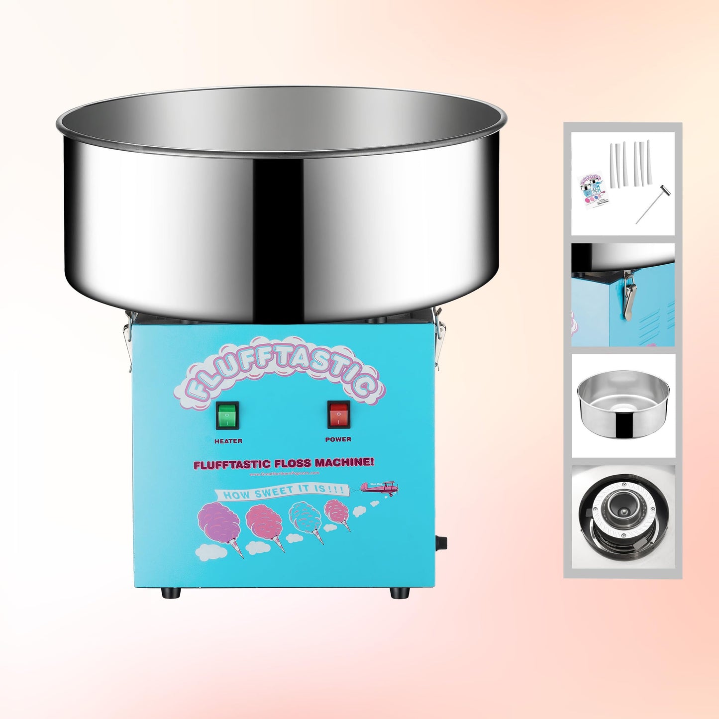 Cotton Candy Machine - 1000W Flufftastic Floss Maker with Stainless-Steel Pan - Cotton Candy Maker Machine and Sugar Scoop for Home Carnival Birthday Party or Festival by Great Northern Popcorn (Blue)