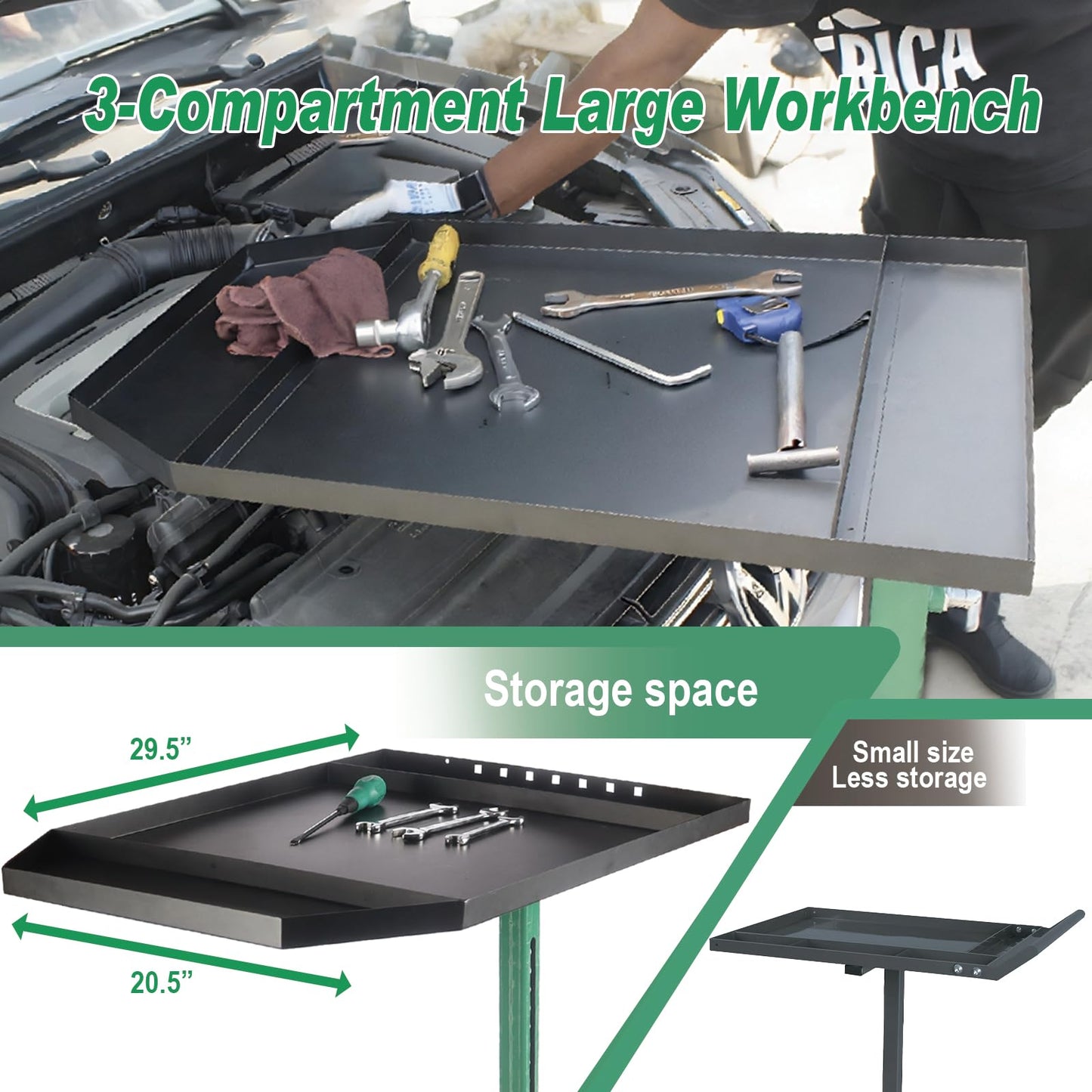 Adjustable Height Mobile Work Table, Foldable Table with Heavy Duty Steel, Rolling Tool Cart with Brakes for Garage Repair Shops DIY