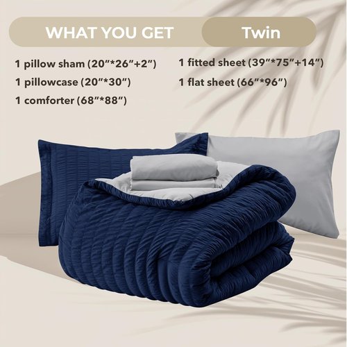 HYMOKEGE Twin Comforter Set - Navy Blue & Light Grey Seersucker | 5-Piece All-Season Luxury Bedding Set