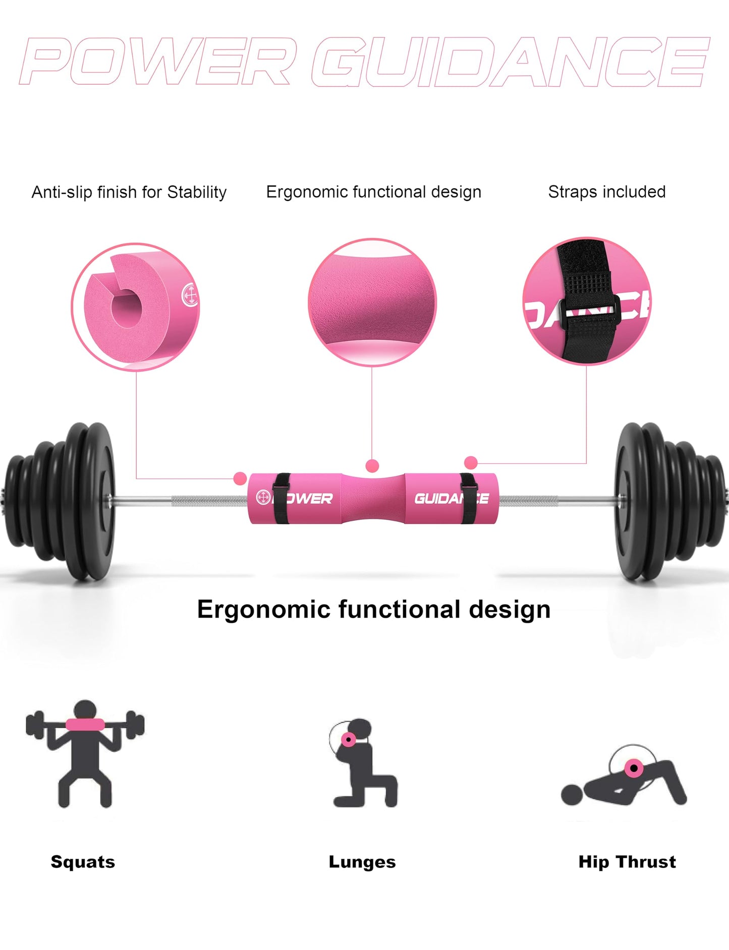 POWER GUIDANCE Barbell Squat Pad - Neck & Shoulder Protective Pad - Great for Squats, Lunges, Hip Thrusts, Weight Lifting & More - Fit Standard and Olympic Bars Perfectly,Pink