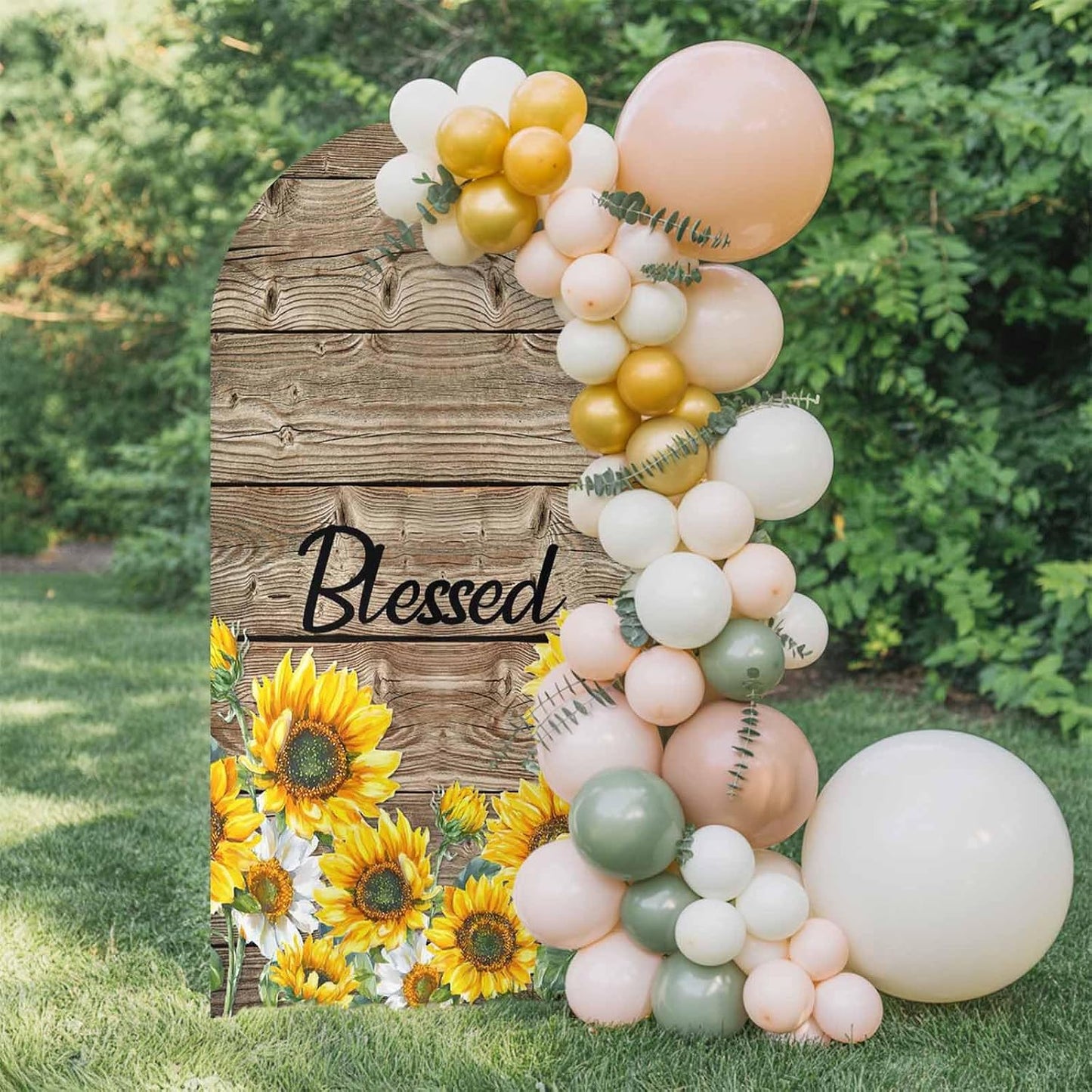 Jnbasdffb 7.2 Country Yellow Sunflowers Wedding Arch Cover,Stretchy Spandex Arch Backdrop Stand Covers FT,Vintage Wood
