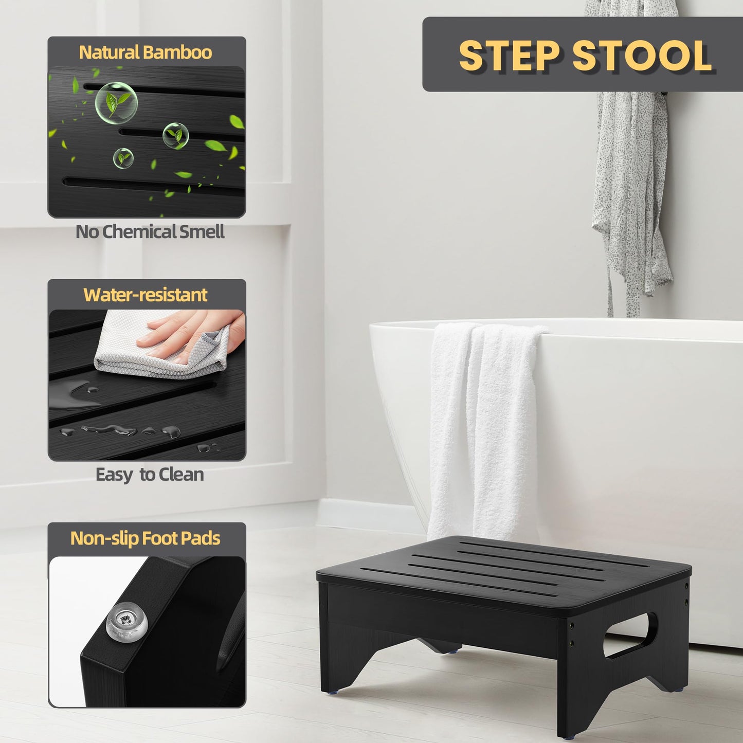 Wooden Step Stool for Adults & Kids, Non-Slip Rubber Feet, 6.5 Inch High, Lightweight Small Step, 400 Lbs Capacity, Bed Step Stool for High Bed, Bathroom & Kitchen (Black)