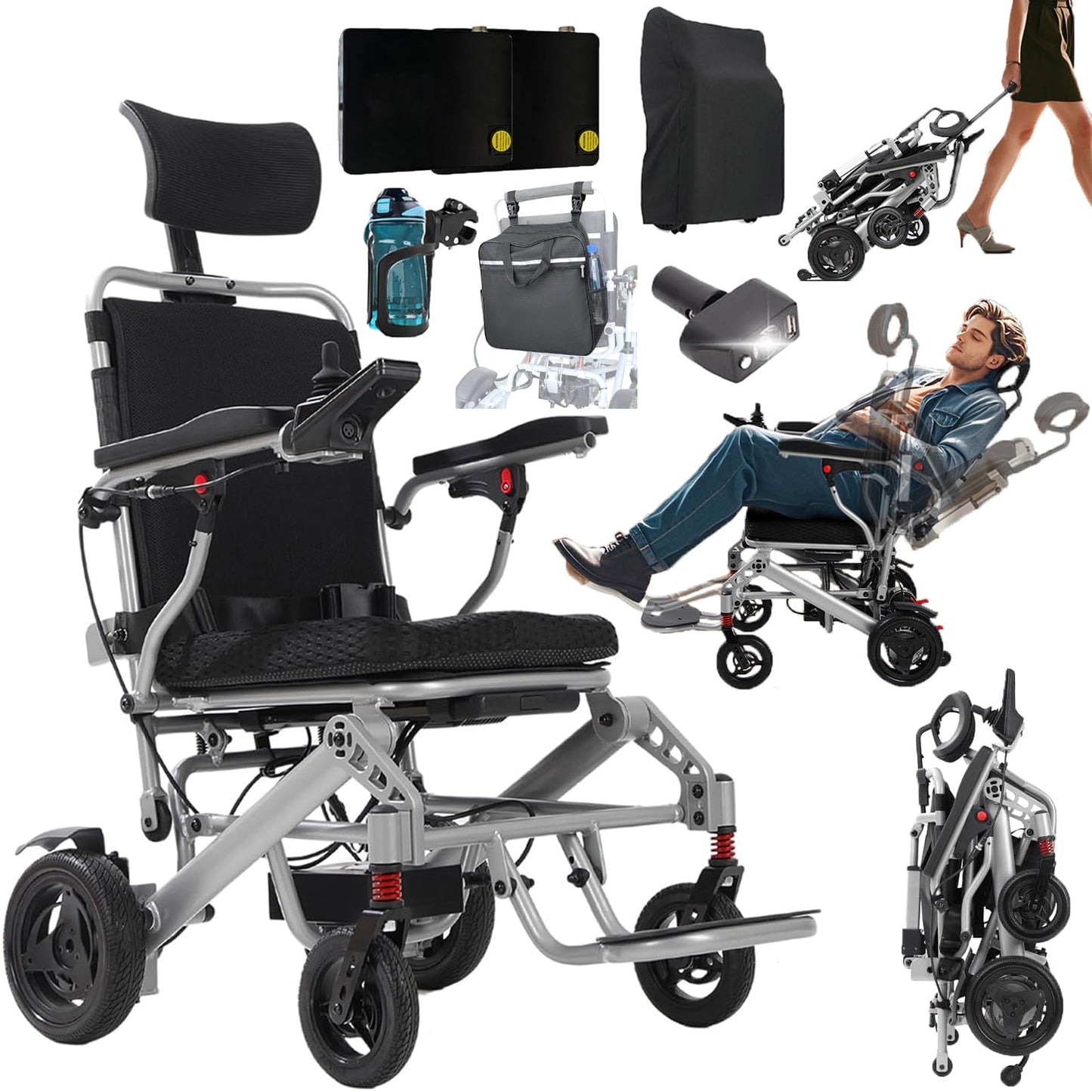 2026 New Reclining Electric Wheelchair for Adults, 30+ Miles Long Travel Range All Terrain Power Wheelchair with 2 Li-ion Battery, Lightweight Foldable Motorized Wheel Chair, with Headrest, Telescopic